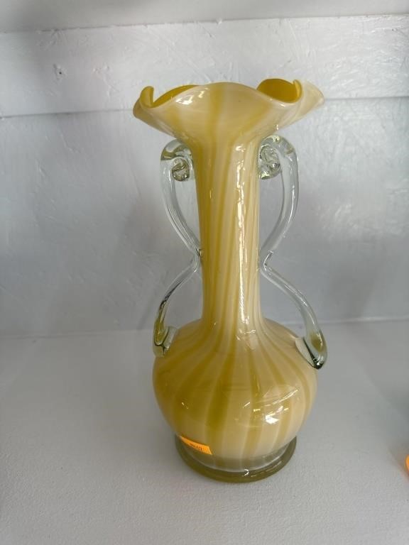 Both art glass yellow swirl vase, 9 1/2in T
