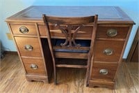 Vtg 7 drawer Lawyers Desk & Chair - Leather Top
