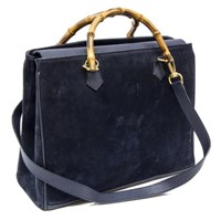 VINTAGE GUCCI NAVY BLUE SUEDE BAMBOO SATCHEL BAG