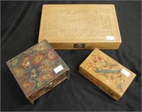 Three decorated wood boxes