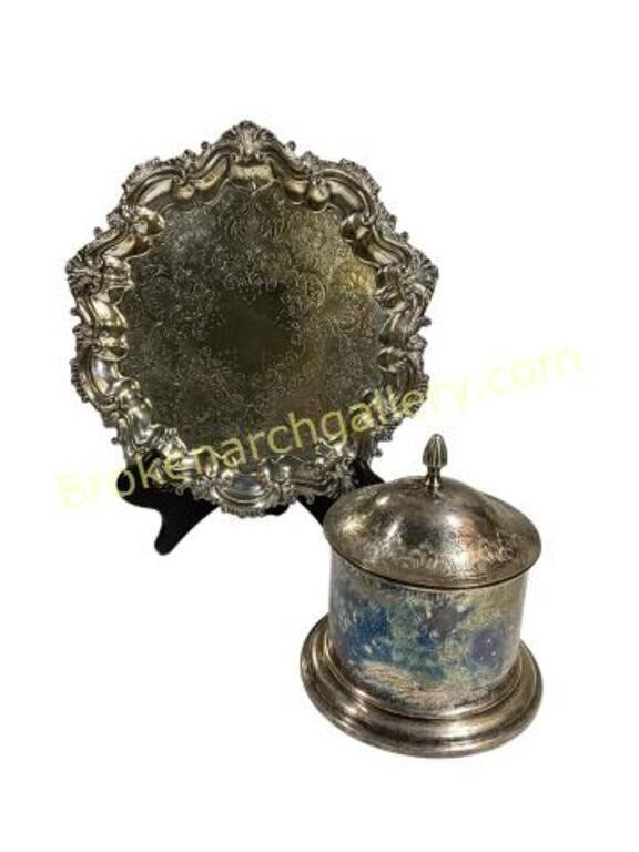 Silver Plate Tray, Biscuit Box
