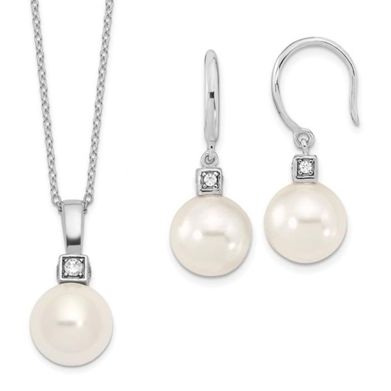 Sterling Silver Rhodium-plated Pearl Set