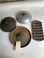 2 cast iron lids, 1 aluminum lid, cast iron corn
