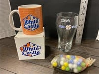 White Castle, glass, coffee mug and marbles