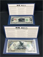 Pair of Colorized $2 Bills, Buffalo/Eagle