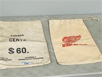 2- vintage canvas money sacks w/ advertising