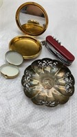 Vintage knife, ashtray, mirror compact and pill