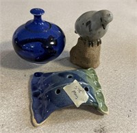 Signed Pottery Bird, Vase, and Flower Frog