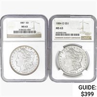 [2] Morgan Silver Dollars NGC MS63 [1884-O, 1887]