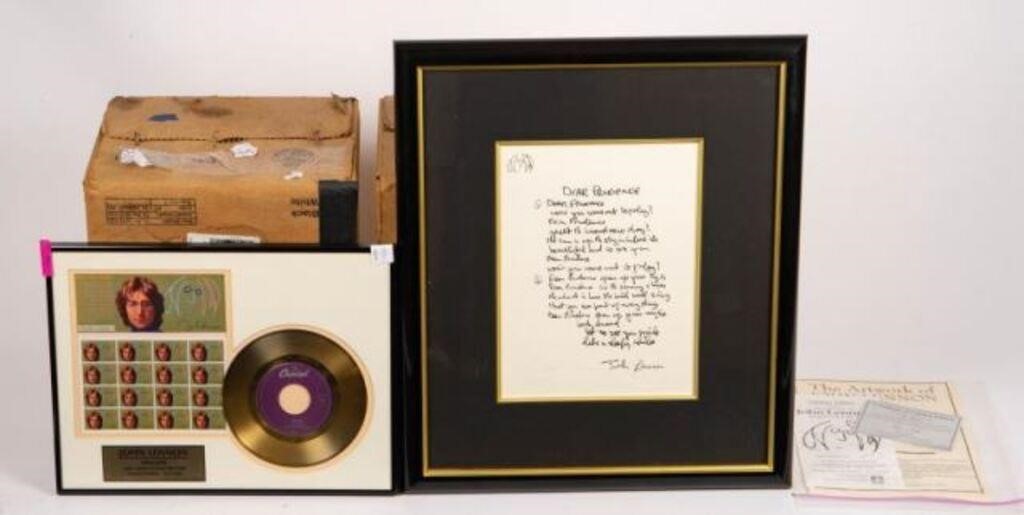 Lot of John Lennon Items - Lyrics, Gold Record.