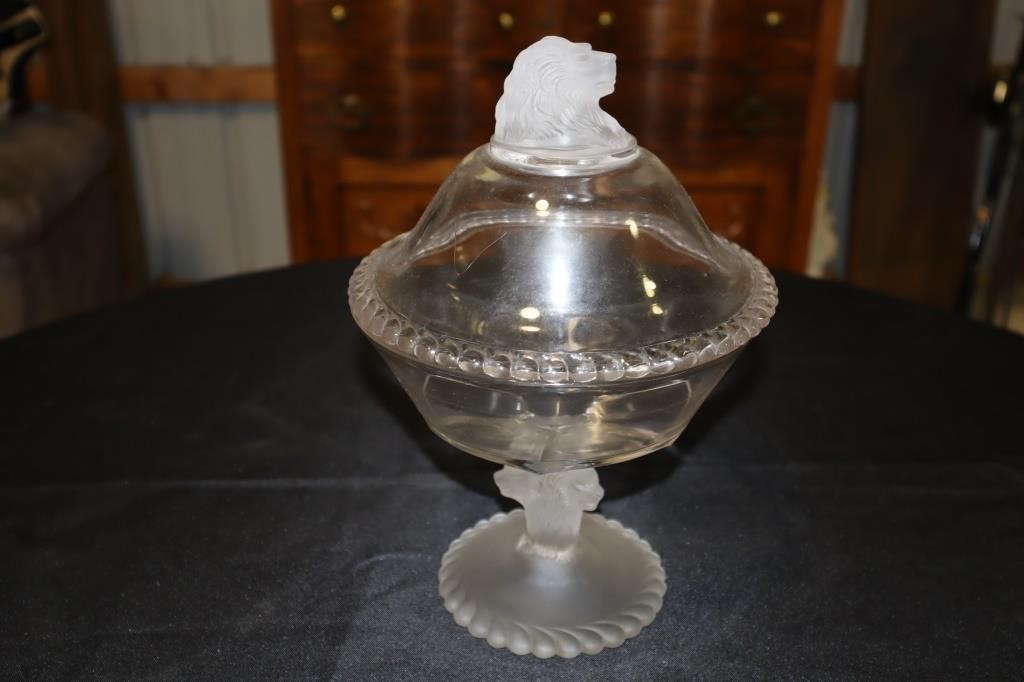 Gillinder & Sons frosted lion compote candy dish