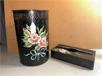 2 PC VINTAGE TOLE HAND PAINTED FLOWERS METAL