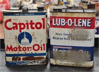 2GAL "Capitol" & "Lub-O-Lene" Motor Oil Cans