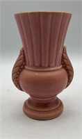 Vintage Pink Pottery Leaf Handled Vase