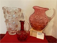 Cranberry Glass Pitcher & Cruet, Vase