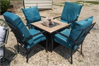 FIRE PIT TABLE, HANDLE IS MISSING ON TOP, 4 CHAIRS