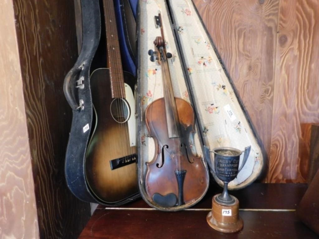 Vintage Violin & Bow in Case, Acoustic Guitar in