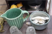 POTTERY PITCHER - BOWL W/ SHELLS