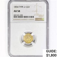 1854 Rare Gold Dollar NGC AU58 Ty 2