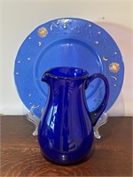 Cobalt Blue Glass Charger & Pitcher