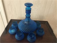 MID CENTURY BLUE DECANTER AND GLASSES
