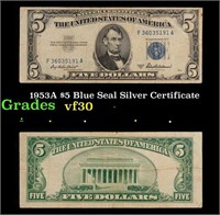 1953A $5 Blue Seal Silver Certificate Grades vf++