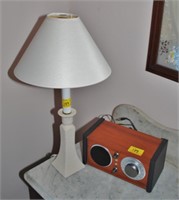Crossley Radio and White Table Lamp