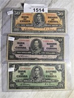 1932 - $1, $10 & $50 Canadian Bills