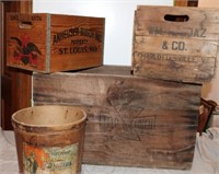 3 Wooden Vintage Boxes & Cardboard Bucket