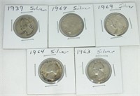 (5) SILVER QUARTERS, 1939, 1963, (3) 1964