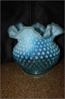 Fenton Blue Opalescent Hobnail Ruffle Bowl