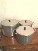 THREE CANNING STOCK POTS & CANNING ITEMS