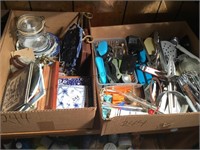 2 boxes- kitchenware, trivets and more