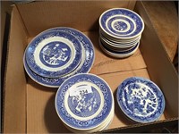 Blue willow dinner plates, saucers and more