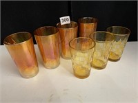 ORANGE CARNIVAL GLASSES (5" TALL) AND 3 OTHER