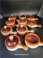 10 Pottery Onion Soup Bowls & 7 Lids