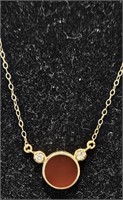 14K Gold Necklace w Red Stone & 2 Diamonds