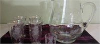 Vintage Etched Hand Blown Glass Pitcher , Glasses