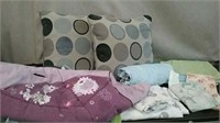 Box-Throw Pillows, Assorted Sheets, & Baby Seat