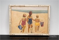 Painting on Board of 3 Children at Beach, Signed