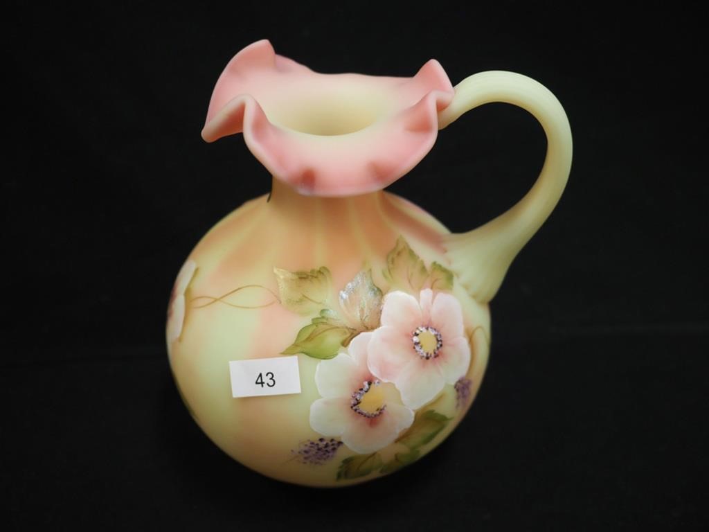 6 1/2" Fenton art glass pitcher Burmese Floral