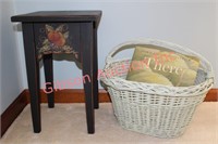 Black Painted Decorative End Table & Wicker Basket