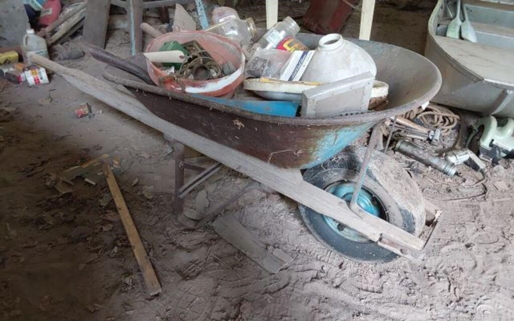 METAL WHEEL BARROW AND CONTENTS