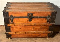 1900s Early American Pine and Metal Black Trunk
