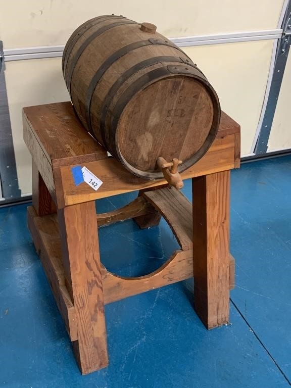 Antique Wood Whisky Keg w/ Wood Keg Stand Table