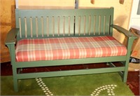 Vintage Green Wood Bench w Cushion
