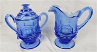 Large Blue Glass Creamer & Sugar Caddy