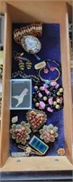 SECTIONED DRAWER LOT- PINS, EGG, JEWLERY ECT