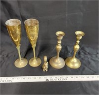 Brass glasses, squirrel and candle holders