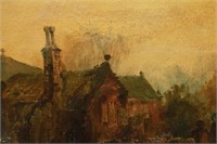 Country Cottage w Chimney, Oil on Canvas 19th C